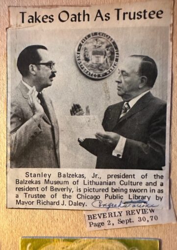 Stanley Balzekas, Jr. is sworn in as Trustee of the Chicago Public Library Board by Chicago Mayor Richard J. Daley in 1970. Balzekas served on the Board during the conversion of the central branch of the CPL to the Chicago Cultural Center.